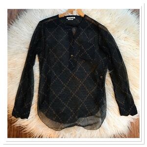 Isabel Marant Printed Silk Blouse Sheer Diamond Striped Navy Blue Size Small